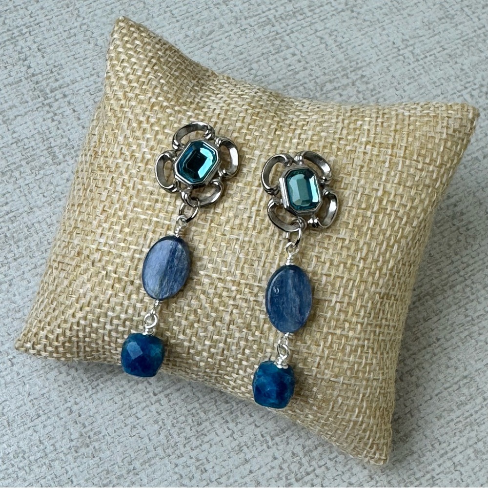 Silver tone upcycled blue stone dangle pierced earrings